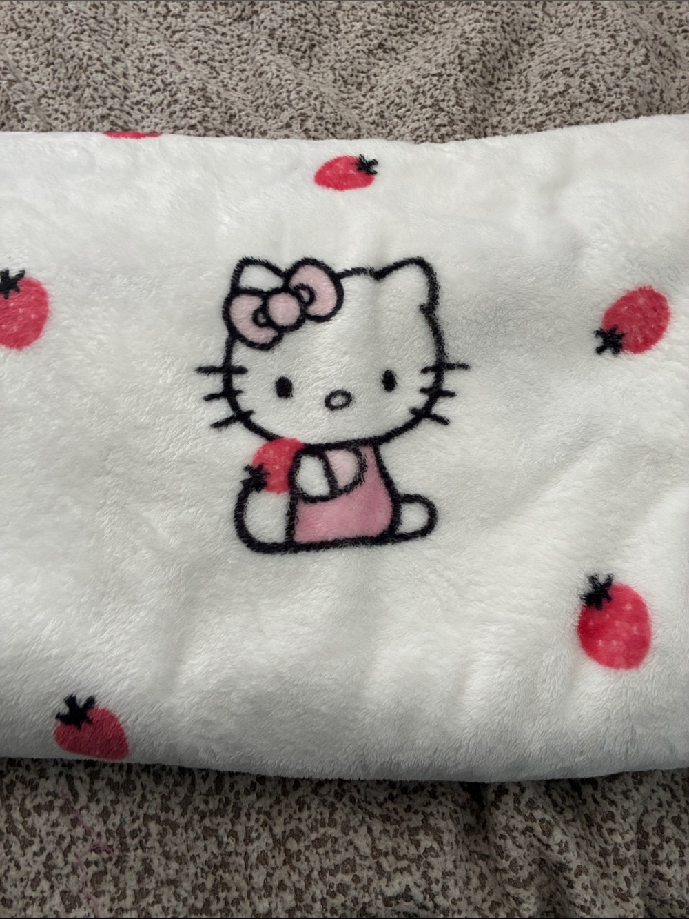Sanrio Hello Kitty Plush Blanket in White and Pink with Strawberry Accents